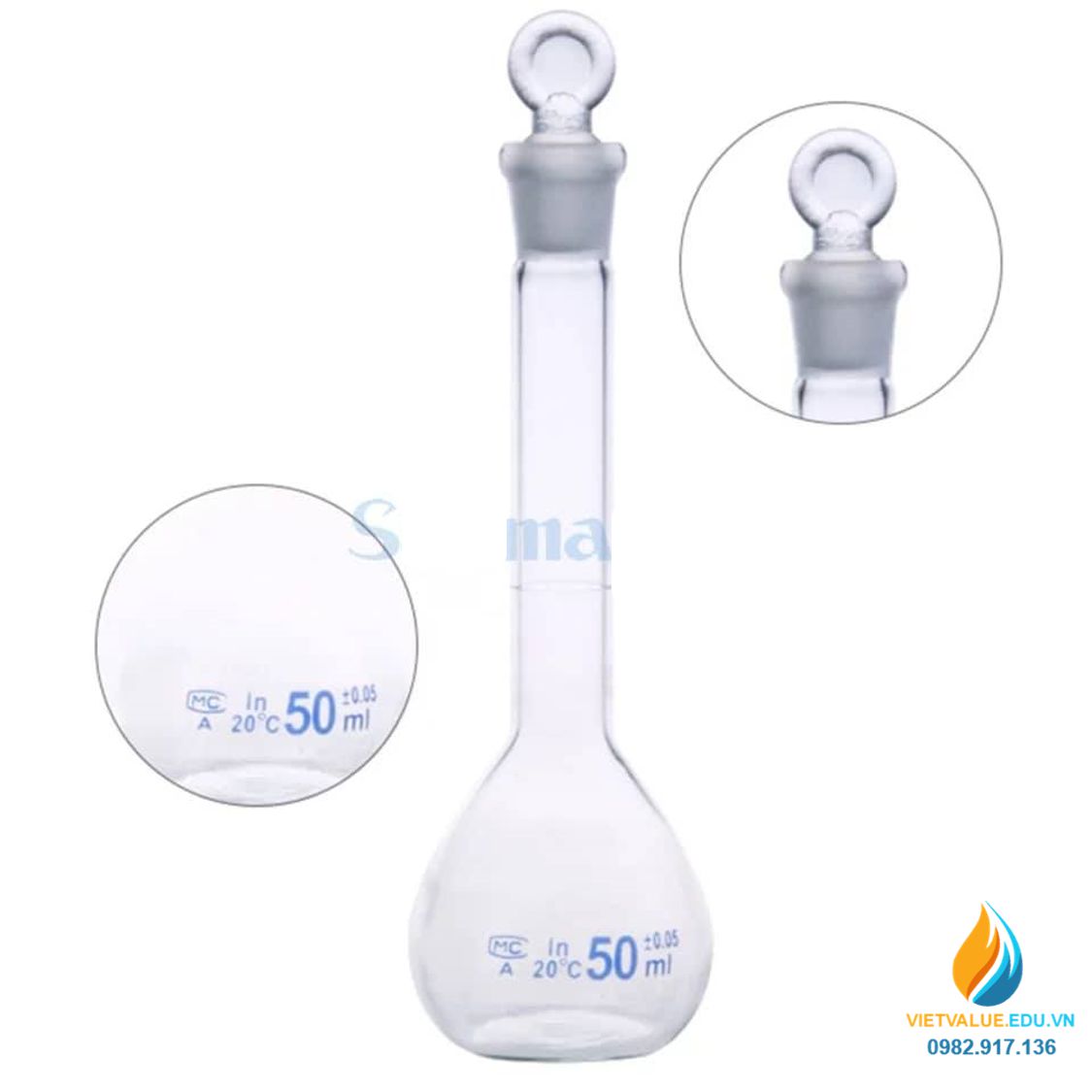 Bình định mức thủy tinh, màu trong suốt, nút cổ mài, thành dày, dung tích 10ml