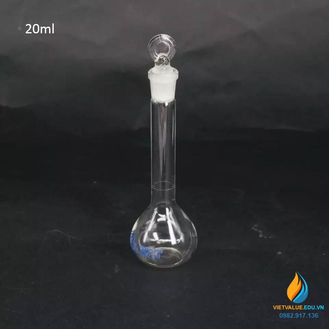 Bình định mức thủy tinh, màu trong suốt, nút cổ mài, thành dày, dung tích 20ml