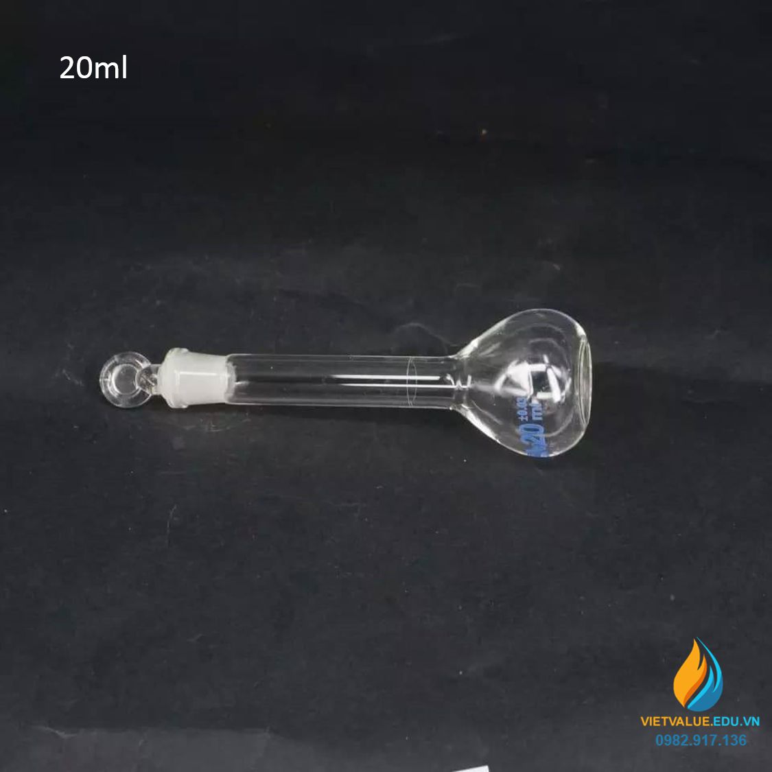 Bình định mức thủy tinh, màu trong suốt, nút cổ mài, thành dày, dung tích 20ml