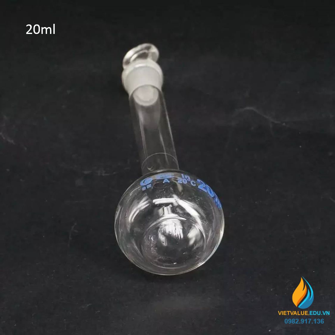 Bình định mức thủy tinh, màu trong suốt, nút cổ mài, thành dày, dung tích 20ml