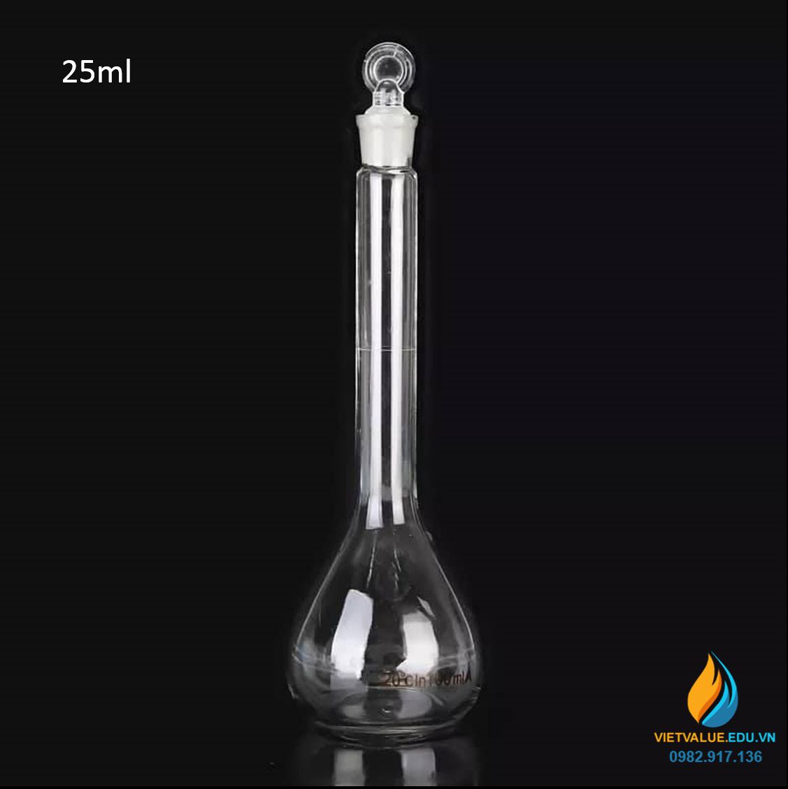 Bình định mức thủy tinh, màu trong suốt, nút cổ mài, thành dày, dung tích 25ml