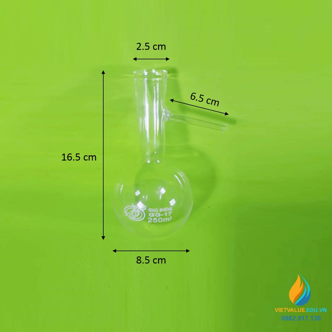 Bình cầu thủy tinh đáy tròn, cổ dài, có nhánh chiết, dung tích 250ml