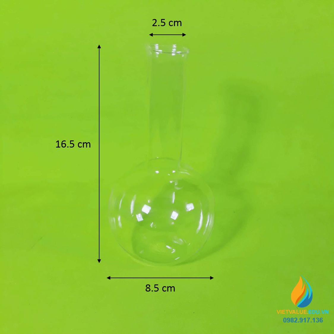 Bình cầu thủy tinh đáy tròn, cổ dài, không có nhánh, dung tích 250ml