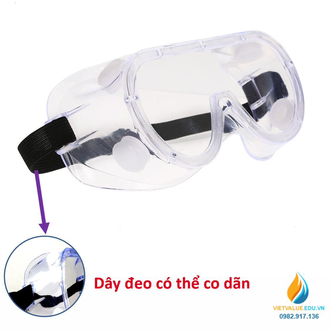 Kính bảo vệ mắt khỏi hóa chất, bụi bẩn, va đập, nhựa PVC màu trong suốt