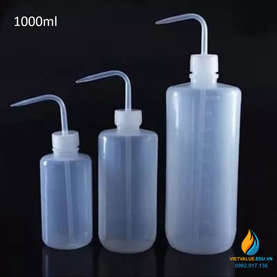 Bình tia nắp trắng, vòi cong, nhựa PP dung tích 1000ml