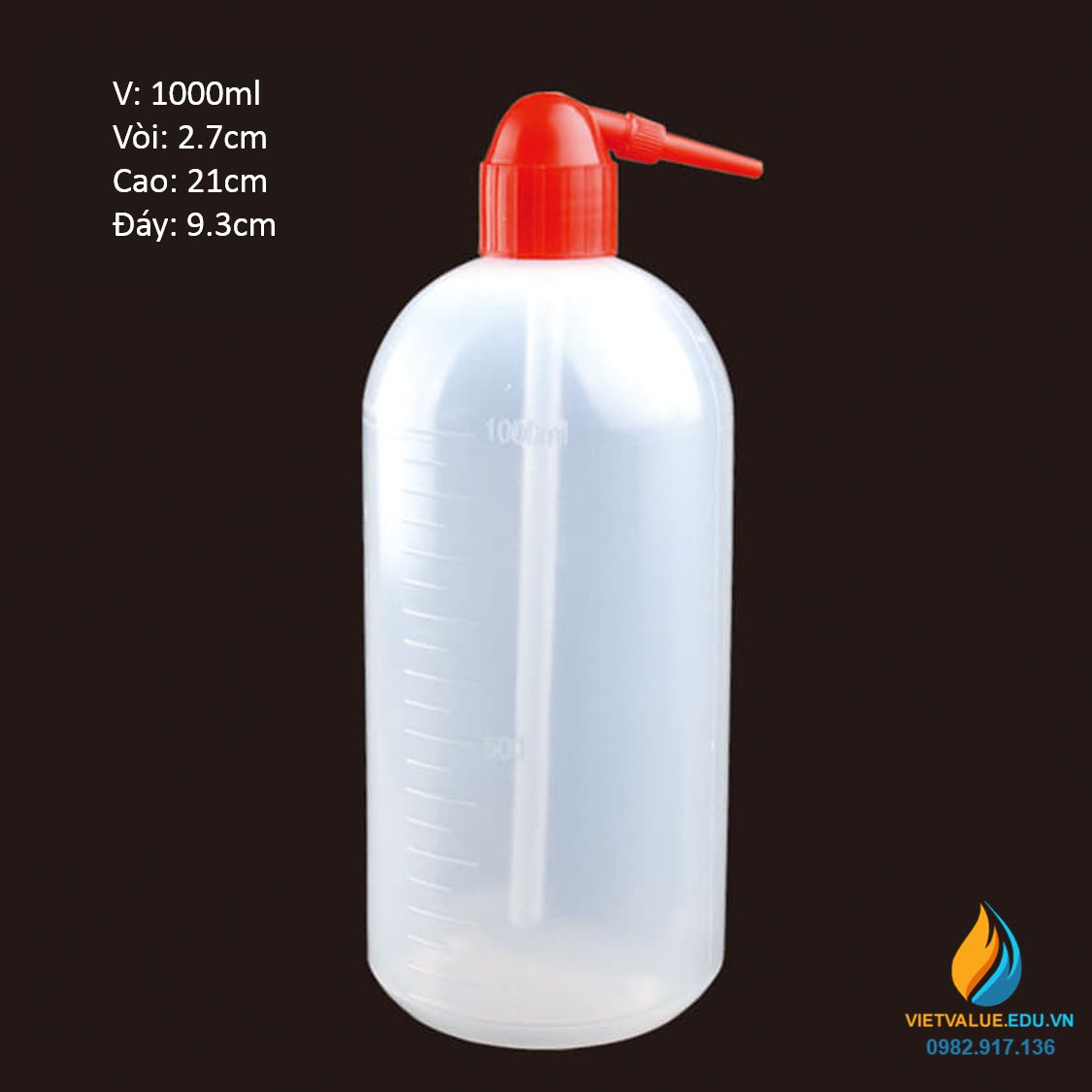 Bình tia nắp đỏ vòi cong, vạch chia, nhựa PP 1000ml