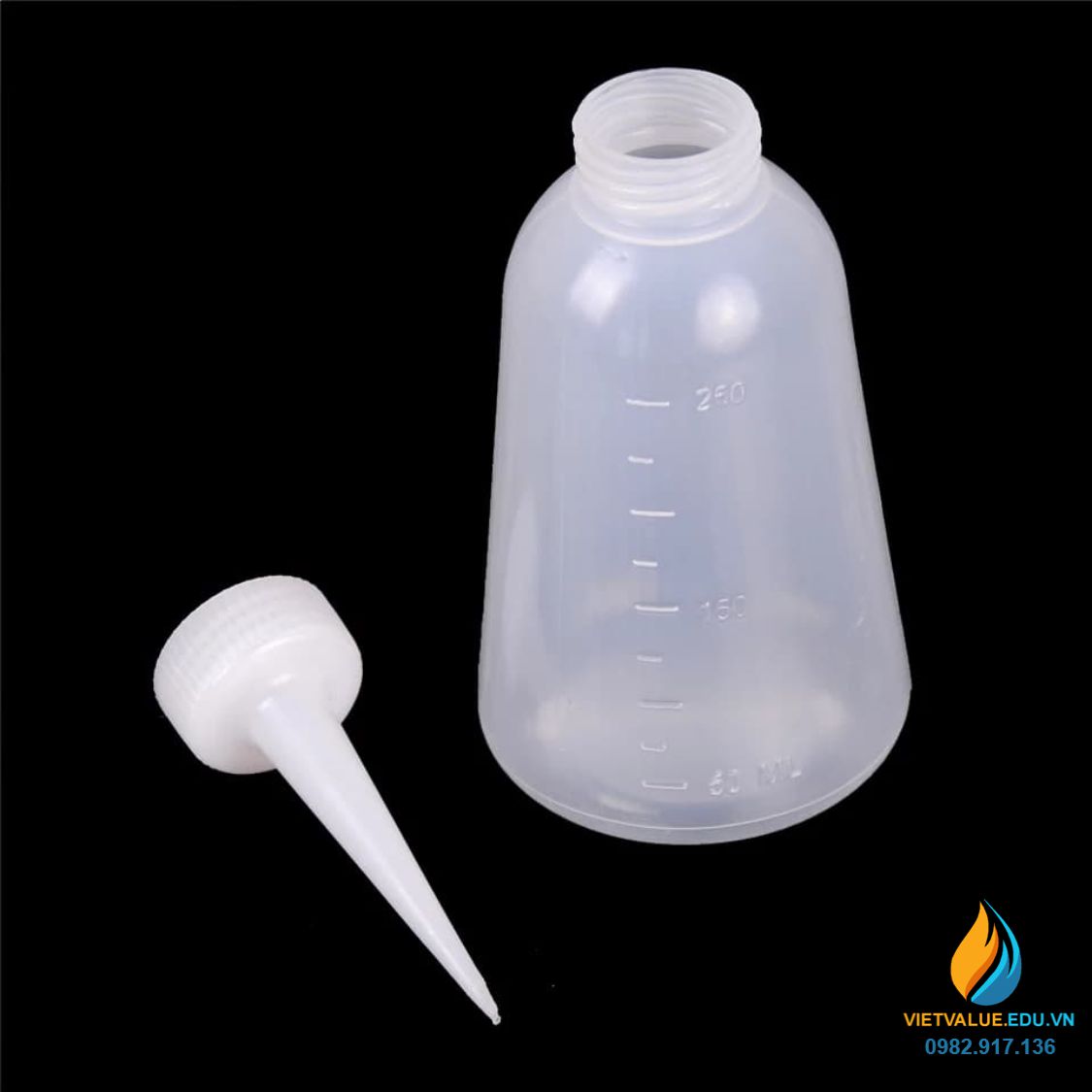 Bình tia vòi thẳng 250ml, nhựa PP màu cổ trắng trong suốt, vạch chia