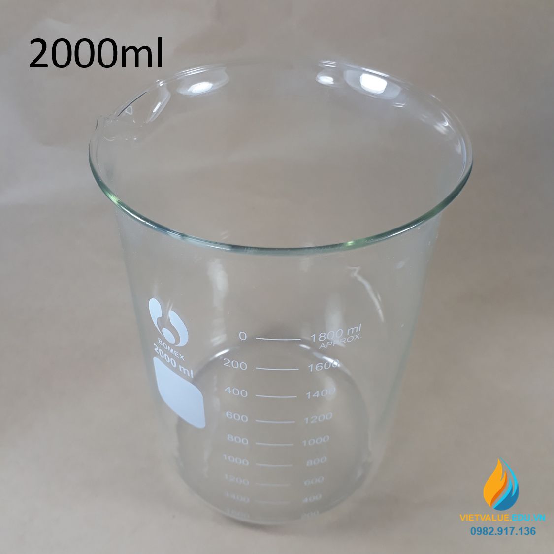 Cốc đốt thấp thành 2000ml thủy tinh chịu nhiệt, vạch chia cỏ mỏ rót