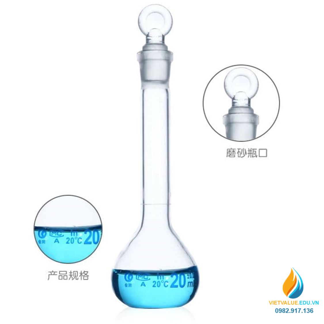 Bình định mức thủy tinh, màu trong suốt, nút cổ mài, thành dày, dung tích 1000ml