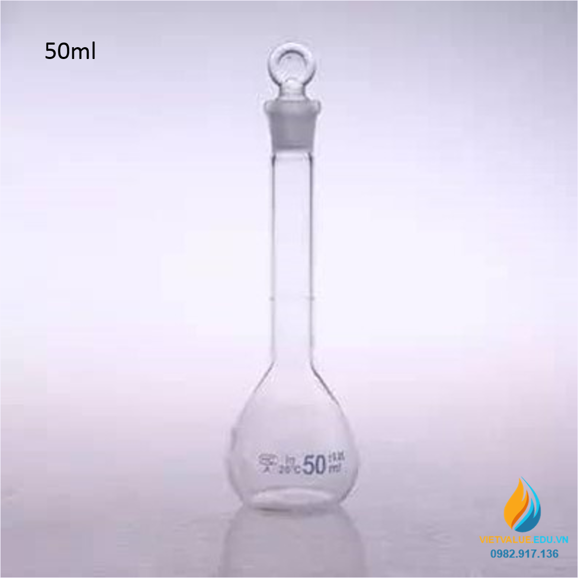 Bình định mức thủy tinh, màu trong suốt, nút cổ mài, thành dày, dung tích 50ml
