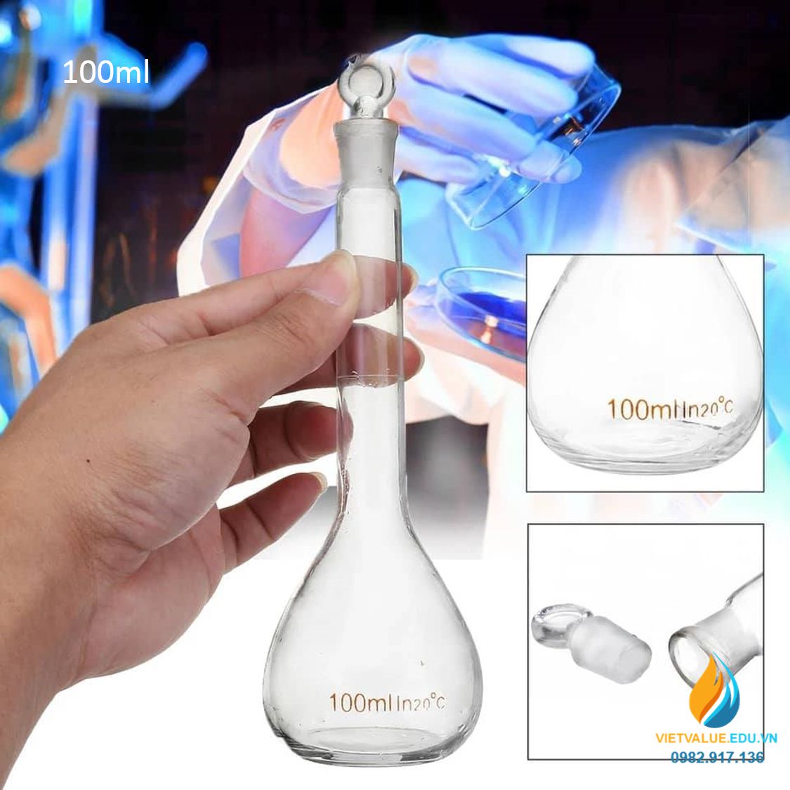 Bình định mức thủy tinh, màu trong suốt, nút cổ mài, thành dày, dung tích 100ml