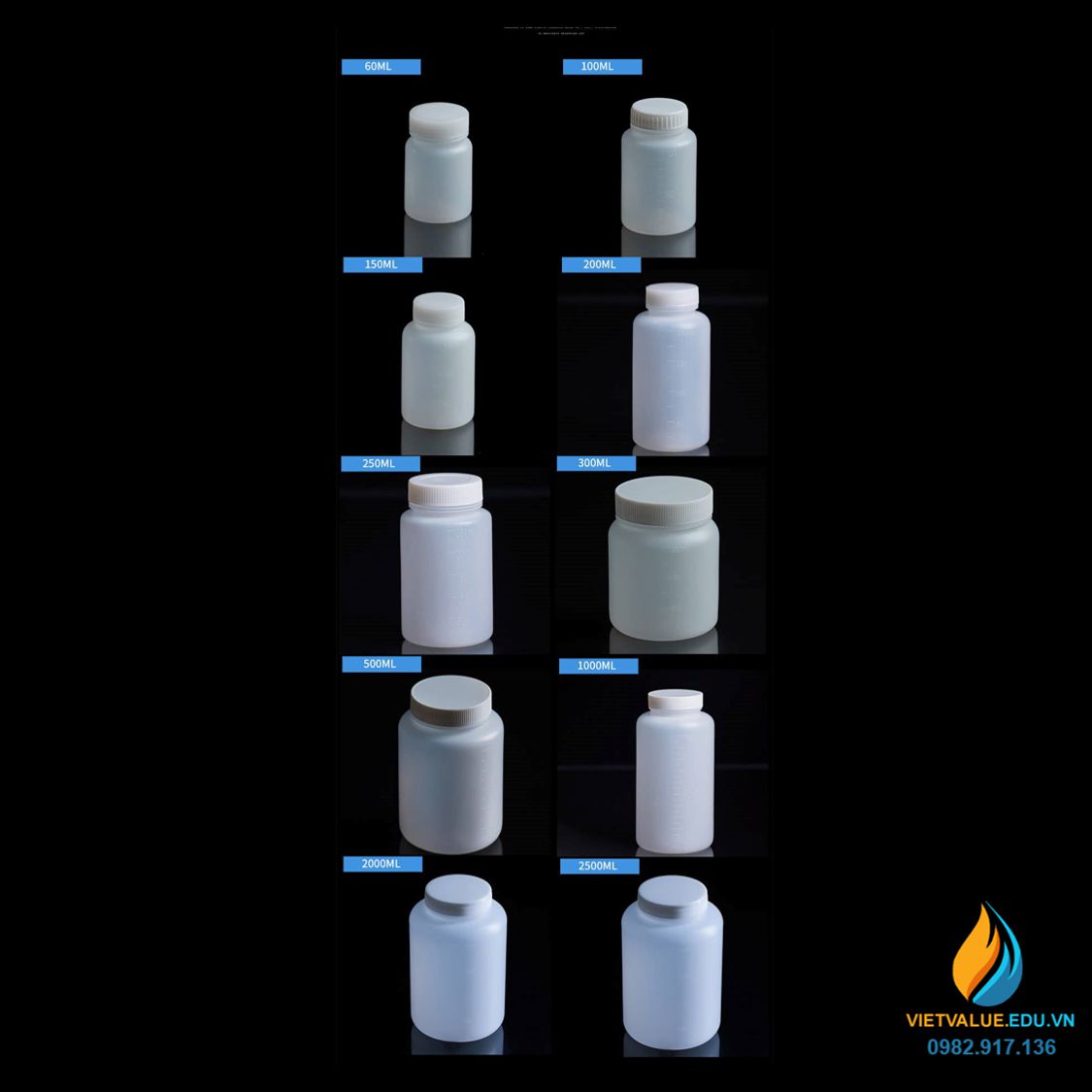 Chai nhựa lưu mẫu, nhựa PP, miệng rộng, vạch chia, dung tích 60ml