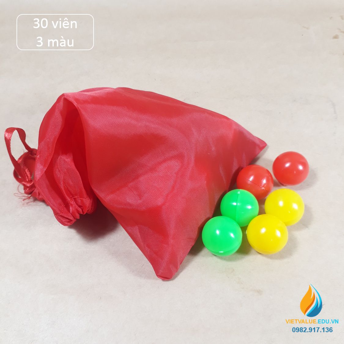 Túi 30 viên bi nhựa gồm 3 màu khác nhau, đường kính bi 15mm, học xác xuất tiểu học