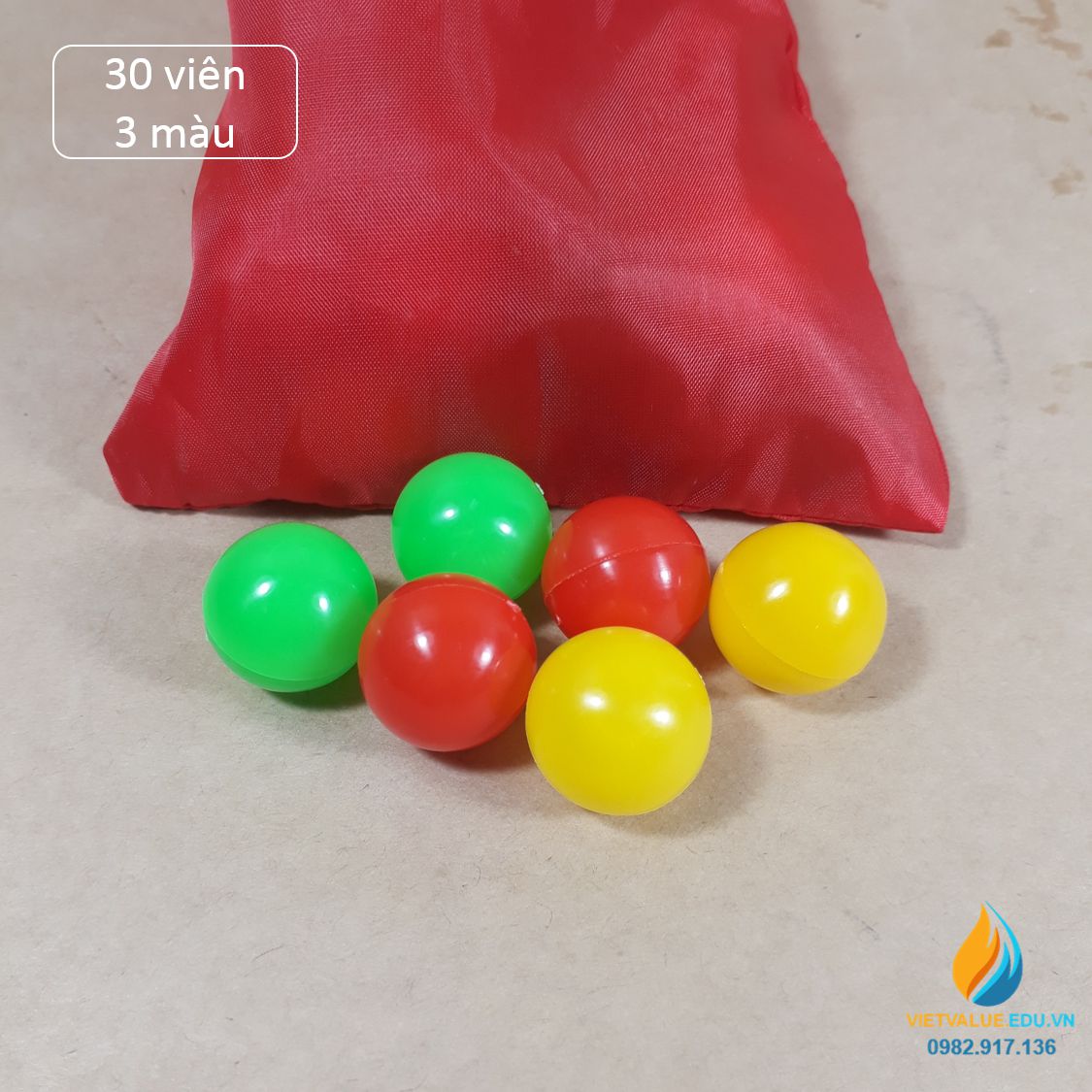 Túi 30 viên bi nhựa gồm 3 màu khác nhau, đường kính bi 15mm, học xác xuất tiểu học