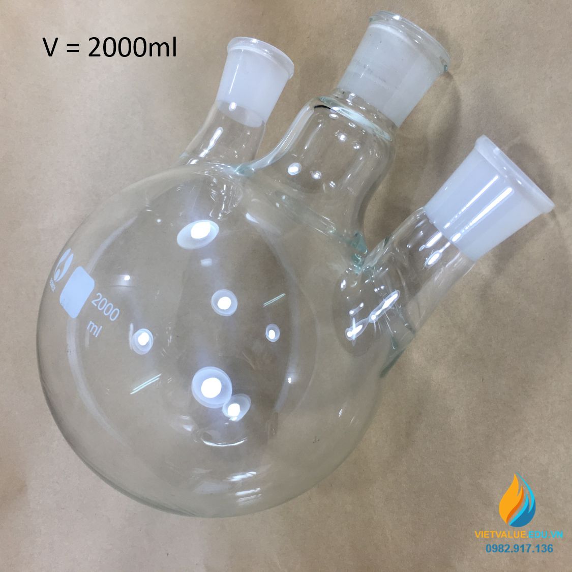 Bình cầu thủy tinh 3 cổ 29 và 14 dung tích 2000ml chịu nhiệt cao, hãng Bomex, chịu nhiệt