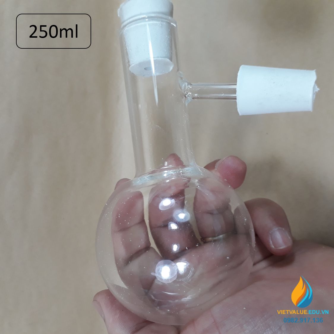 Bình cầu thủy tinh 250ml, có nhánh, có nút cao su có lỗ, bình cầu chưng cất