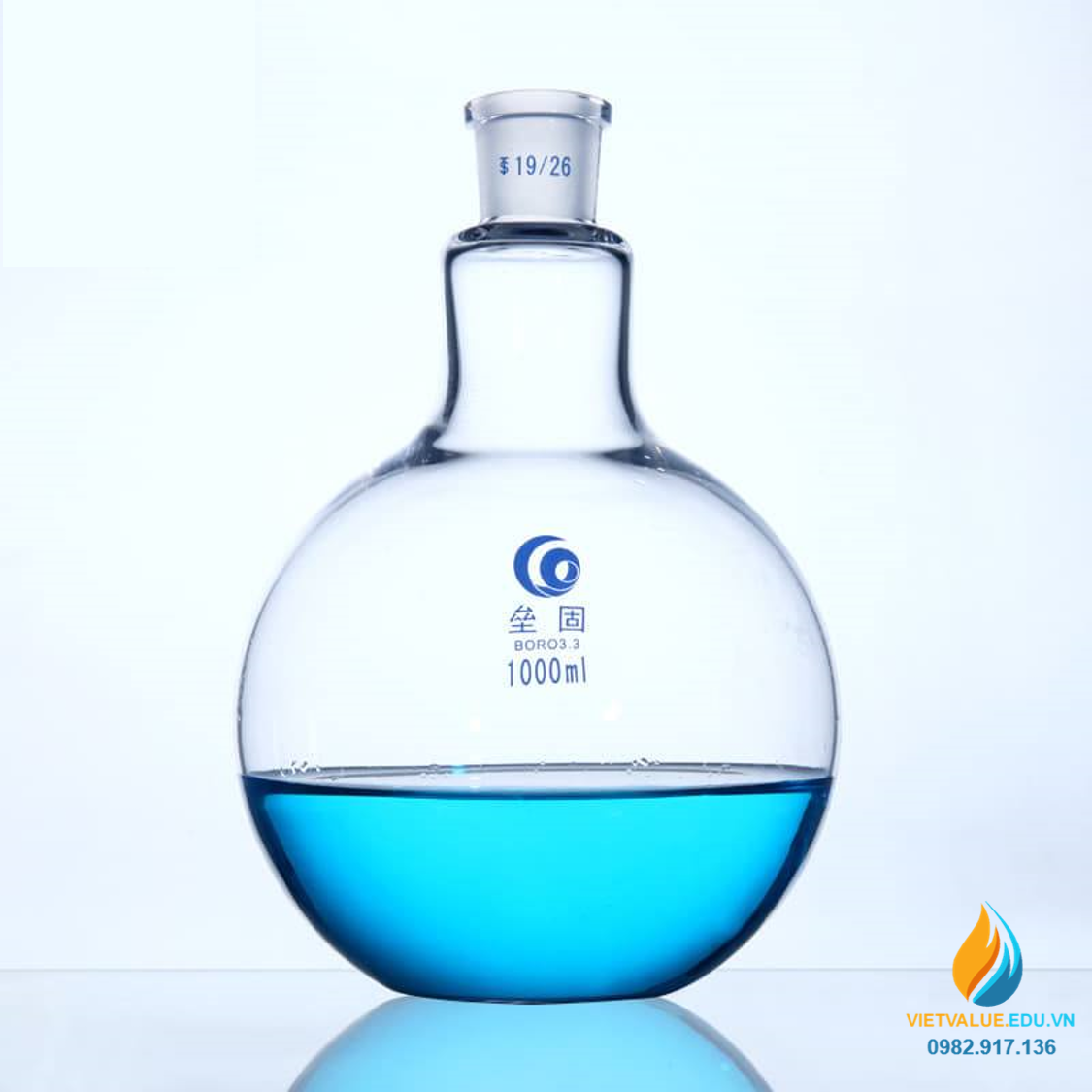 Bình cầu thủy tinh đáy phẳng, cổ nhám, thành dày, dung tích 1000ml cổ 24/29