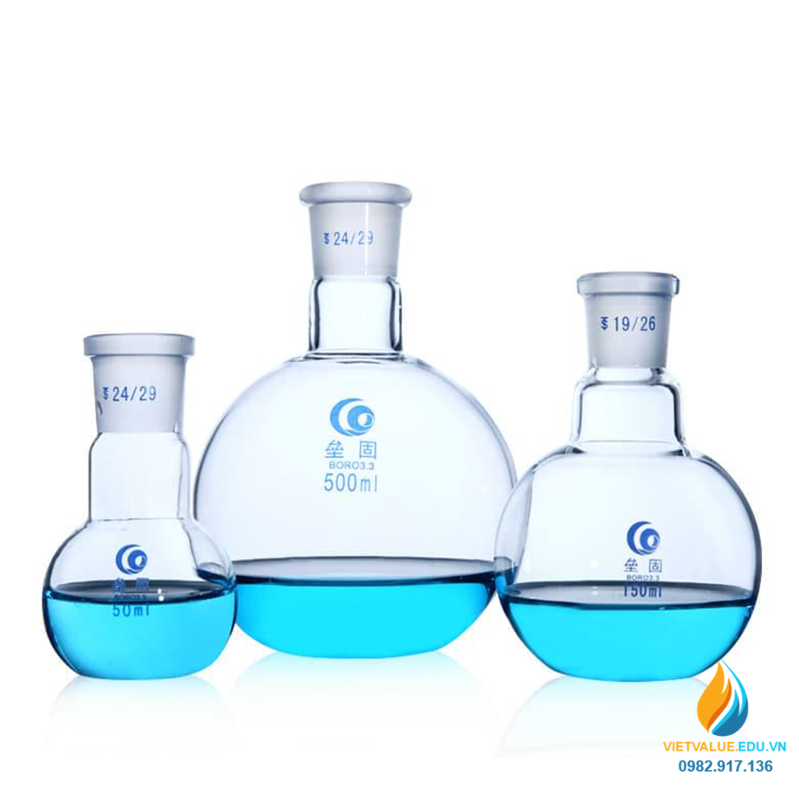 Bình cầu thủy tinh đáy phẳng, cổ nhám, thành dày, dung tích 100ml cổ 24/29