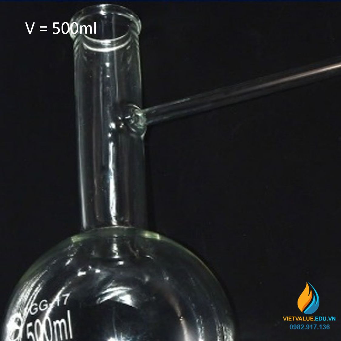 Bình cầu thủy tinh đáy tròn, cổ dài, có nhánh chiết, 500ml