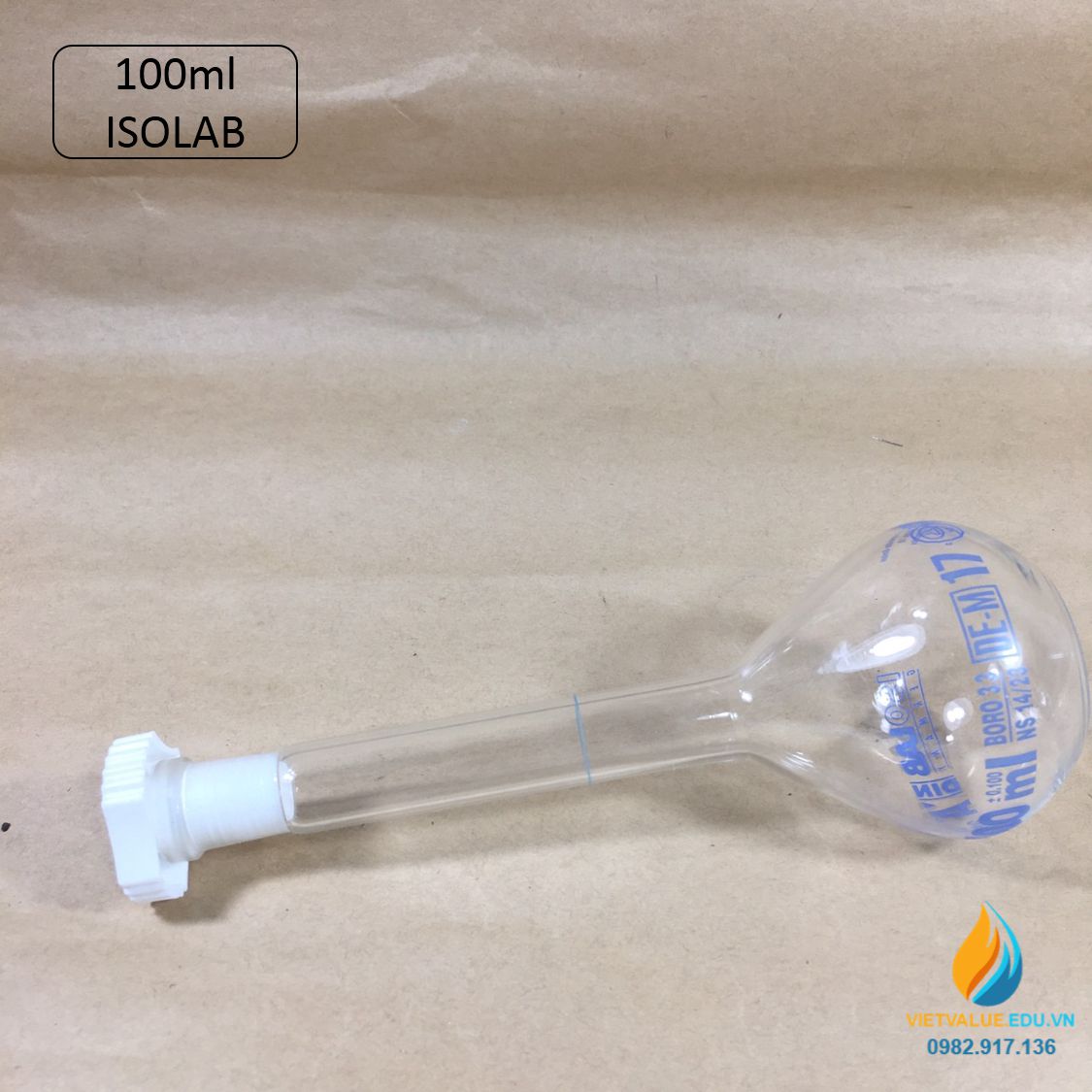 Bình định mức thủy tinh, nút nhựa, hãng IsoLab , dung tích 100ml