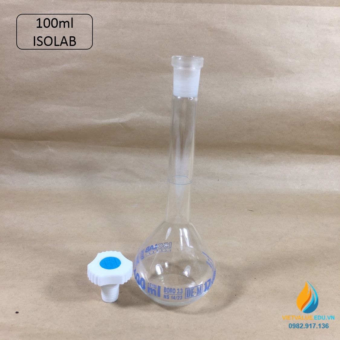 Bình định mức thủy tinh, nút nhựa, hãng IsoLab , dung tích 100ml