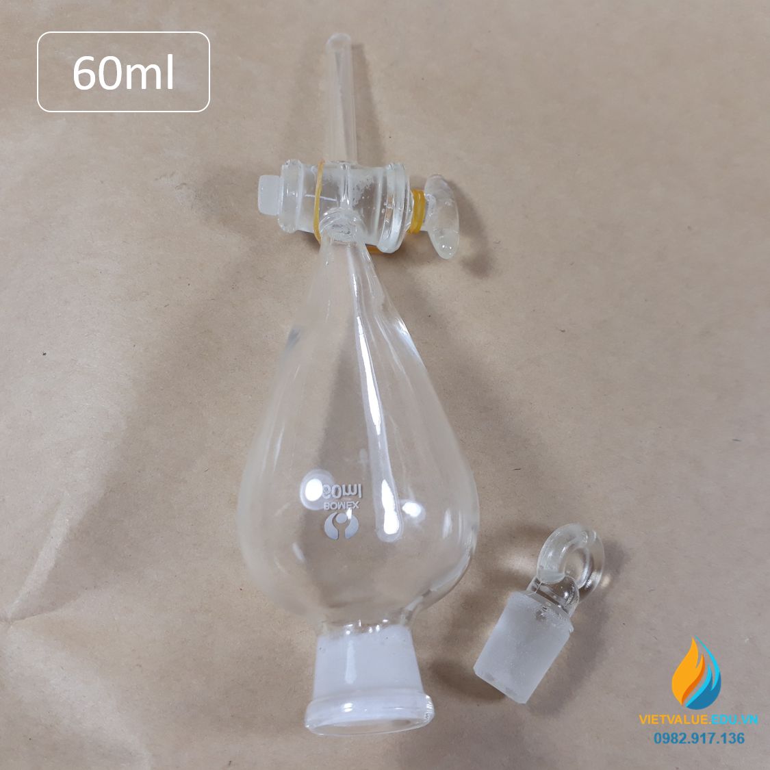 Bình lắng gạn quả lê, phễu tách hình quả lê, khóa thủy tinh, dung tích 60ml