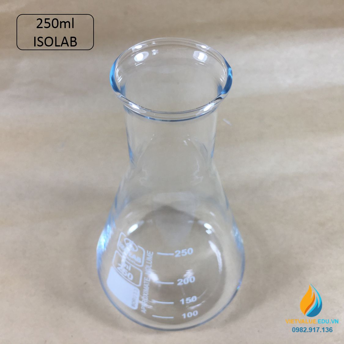 Bình tam giác thủy tinh, vạch chia, không nắp, dung tích 250ml, hãng IsoLab