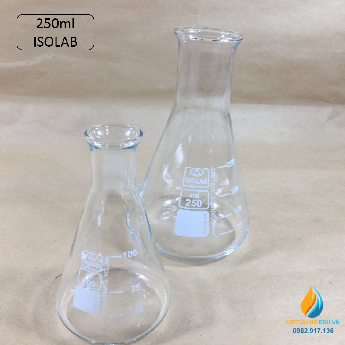 Bình tam giác thủy tinh, vạch chia, không nắp, dung tích 250ml, hãng IsoLab