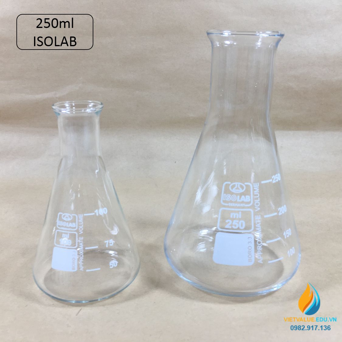 Bình tam giác thủy tinh, vạch chia, không nắp, dung tích 250ml, hãng IsoLab