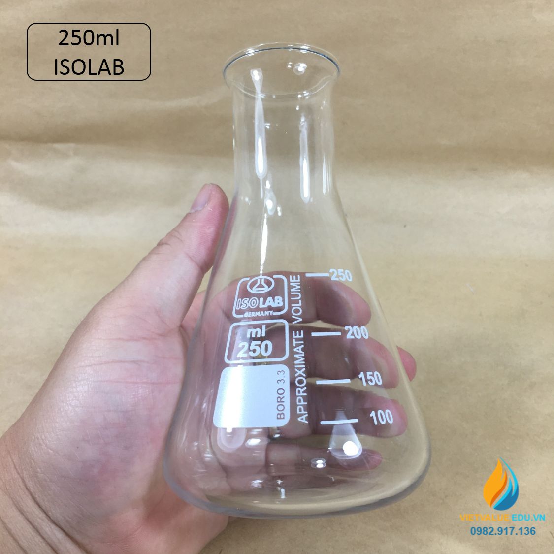 Bình tam giác thủy tinh, vạch chia, không nắp, dung tích 250ml, hãng IsoLab