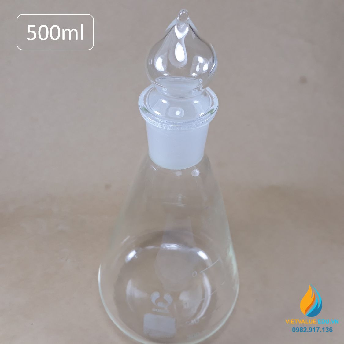 Bình tam giác thủy tinh 500ml có nút cổ mài vạch chia chịu nhiệt