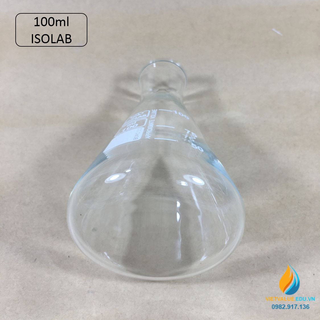 Bình tam giác thủy tinh, vạch chia, không nắp, dung tích 100ml, hãng IsoLab