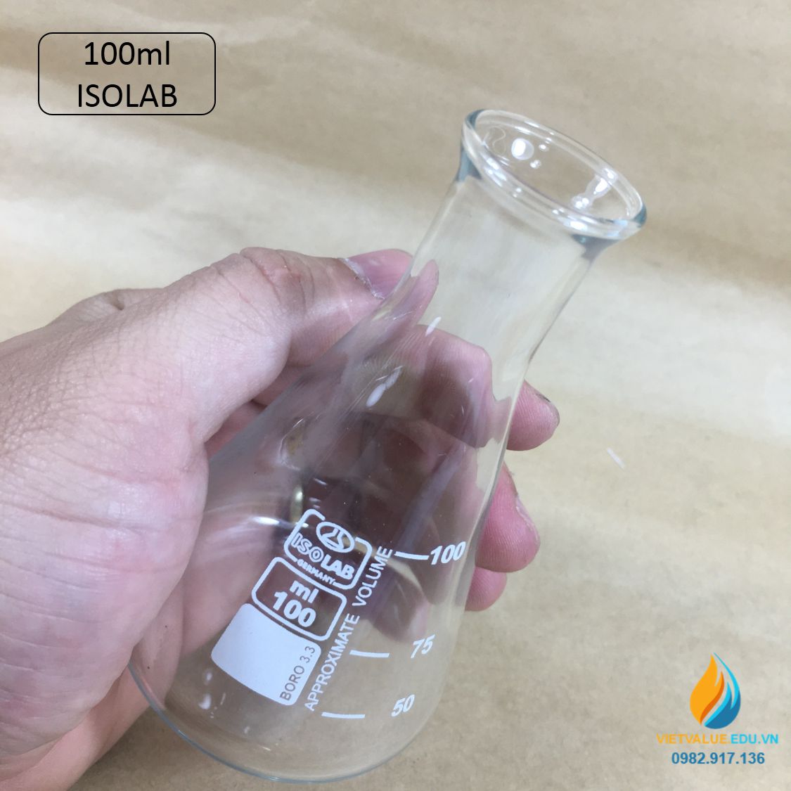 Bình tam giác thủy tinh, vạch chia, không nắp, dung tích 100ml, hãng IsoLab560