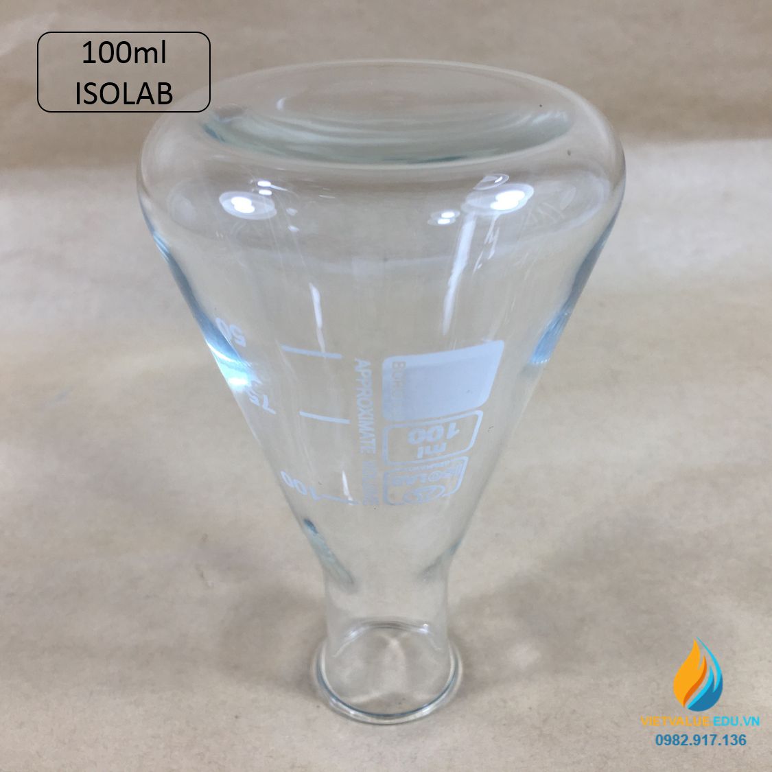 Bình tam giác thủy tinh, vạch chia, không nắp, dung tích 100ml, hãng IsoLab