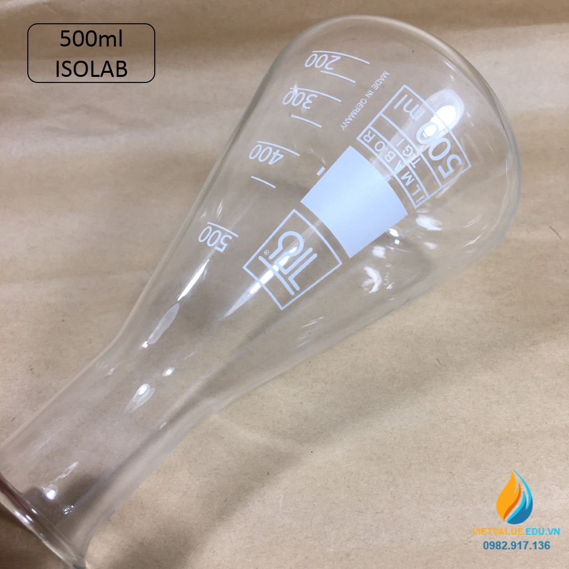 Bình tam giác thủy tinh, vạch chia, không nắp, dung tích 500ml, hãng IsoLab