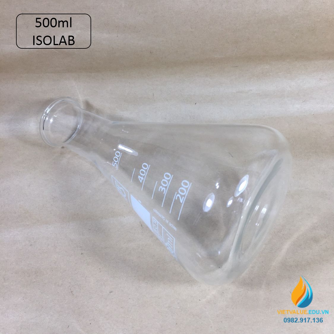 Bình tam giác thủy tinh, vạch chia, không nắp, dung tích 500ml, hãng IsoLab