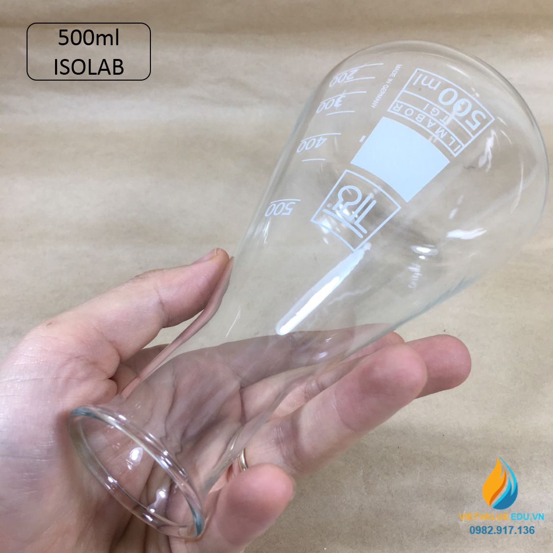 Bình tam giác thủy tinh, vạch chia, không nắp, dung tích 500ml, hãng IsoLab