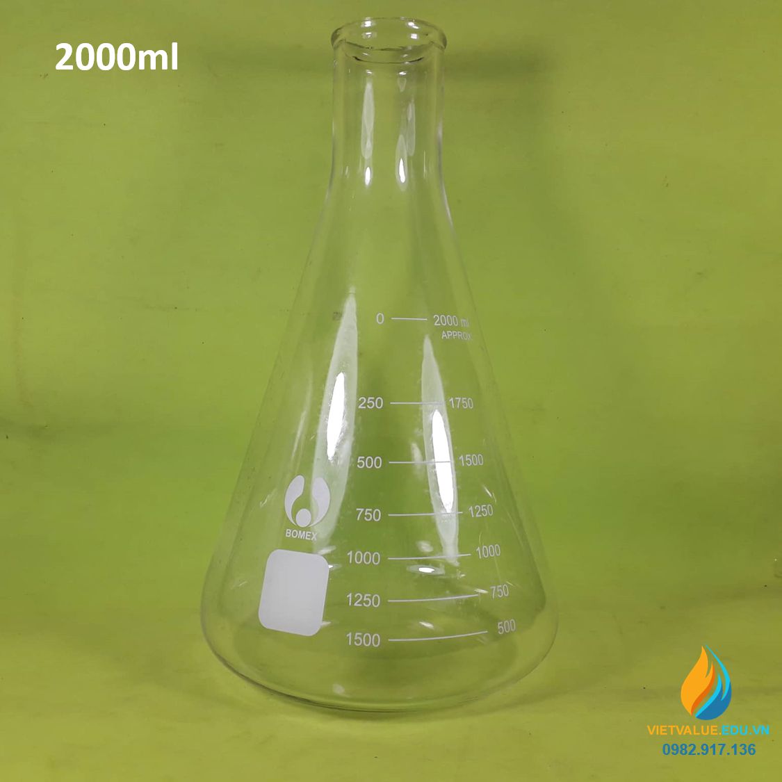Bình tam giác, thủy tinh trong suốt, có chia vạch, không nắp, 2000ml