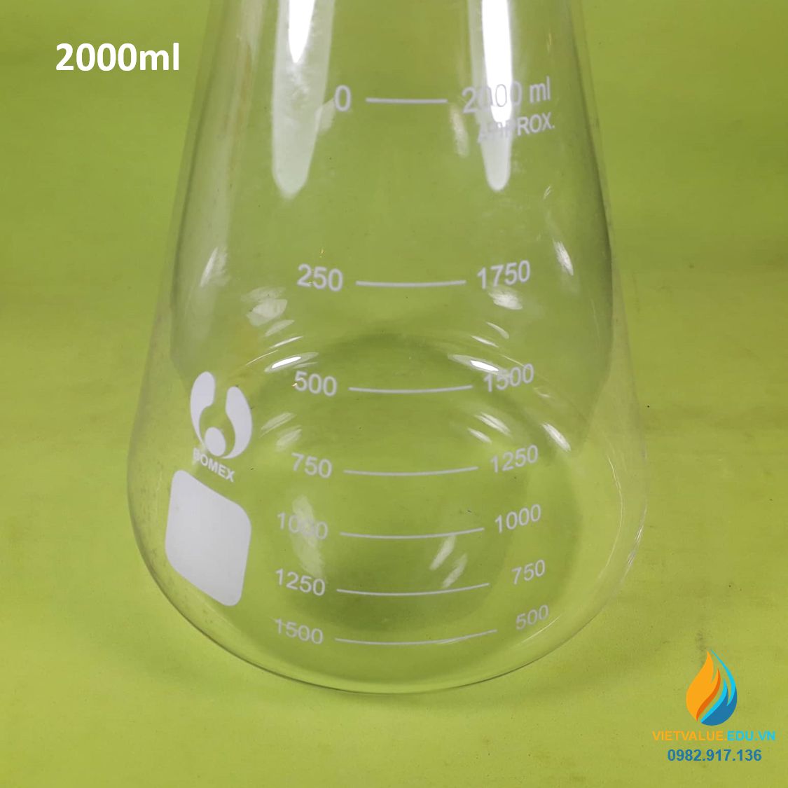 Bình tam giác, thủy tinh trong suốt, có chia vạch, không nắp, 2000ml