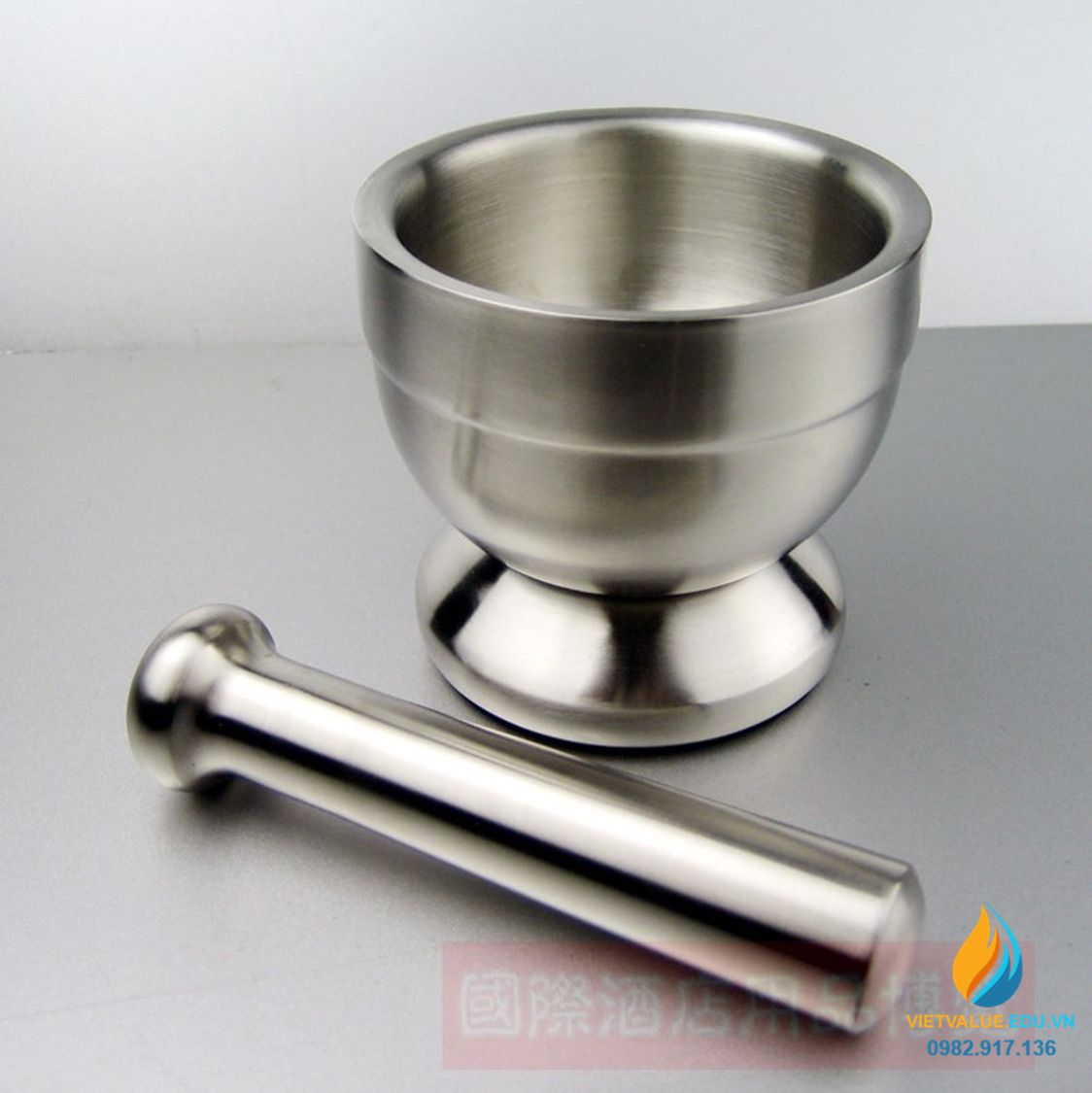 Bộ cối chày inox 304 thép không gỉ, nghiền mẫu, đường kính miệng 10 cm