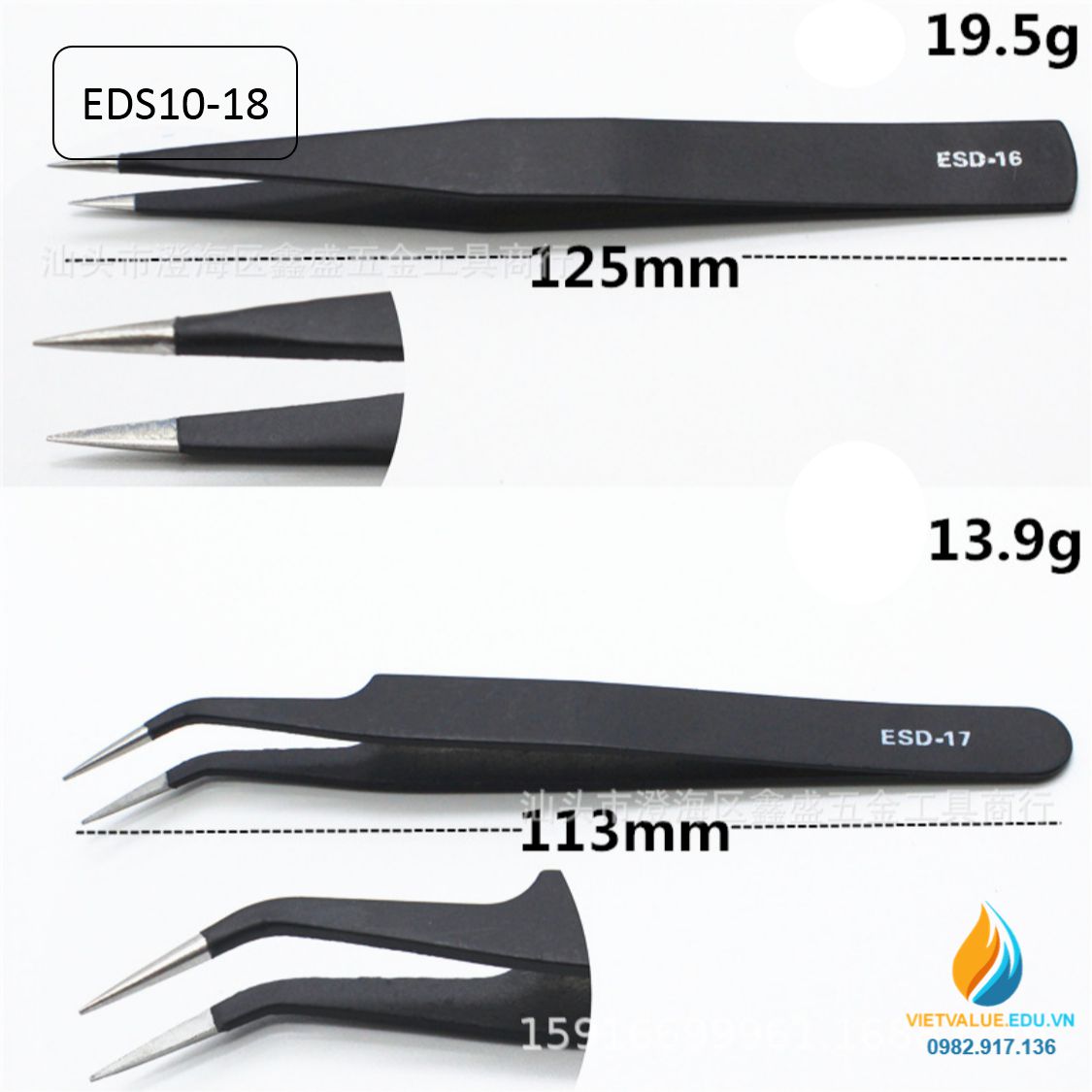 Bộ nhíp ESD chống tĩnh điện chất liệu thép không gỉ, bộ 10 nhíp từ ESD10 đến ESD18