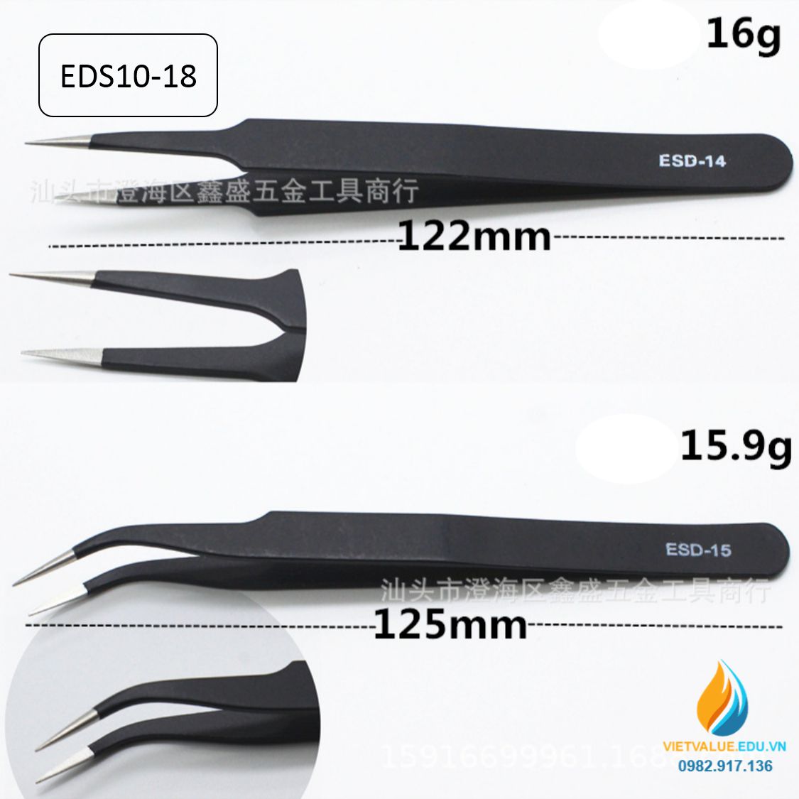 Bộ nhíp ESD chống tĩnh điện chất liệu thép không gỉ, bộ 10 nhíp từ ESD10 đến ESD18