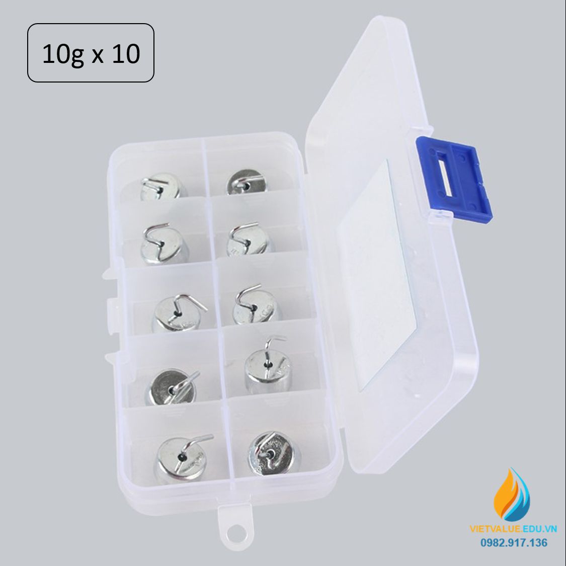 Bộ 10 quả nặng trọng lượng 10 gam, có móc treo, bộ quả nặng cơ học phòng thí nghiệm