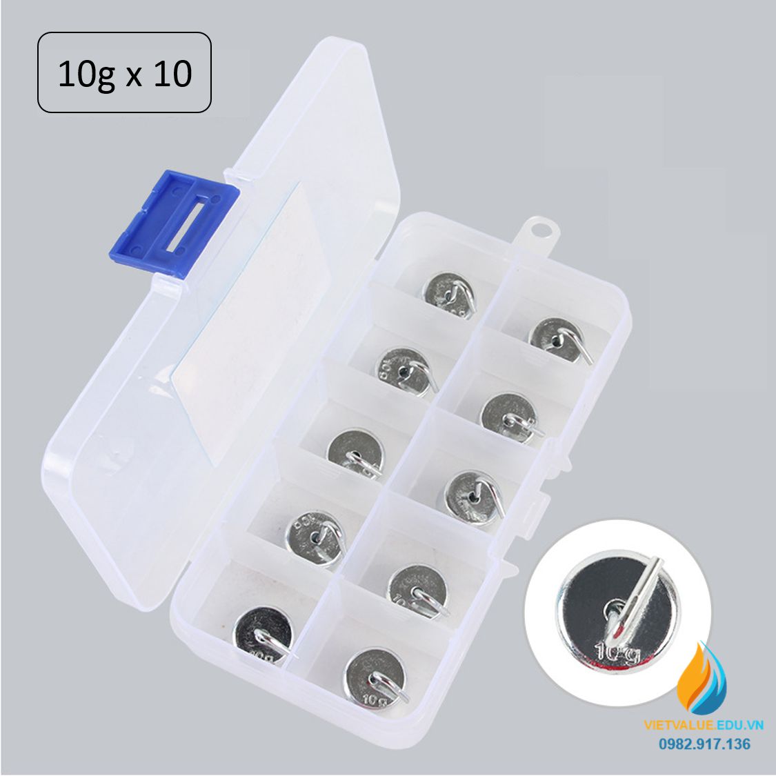 Bộ 10 quả nặng trọng lượng 10 gam, có móc treo, bộ quả nặng cơ học phòng thí nghiệm