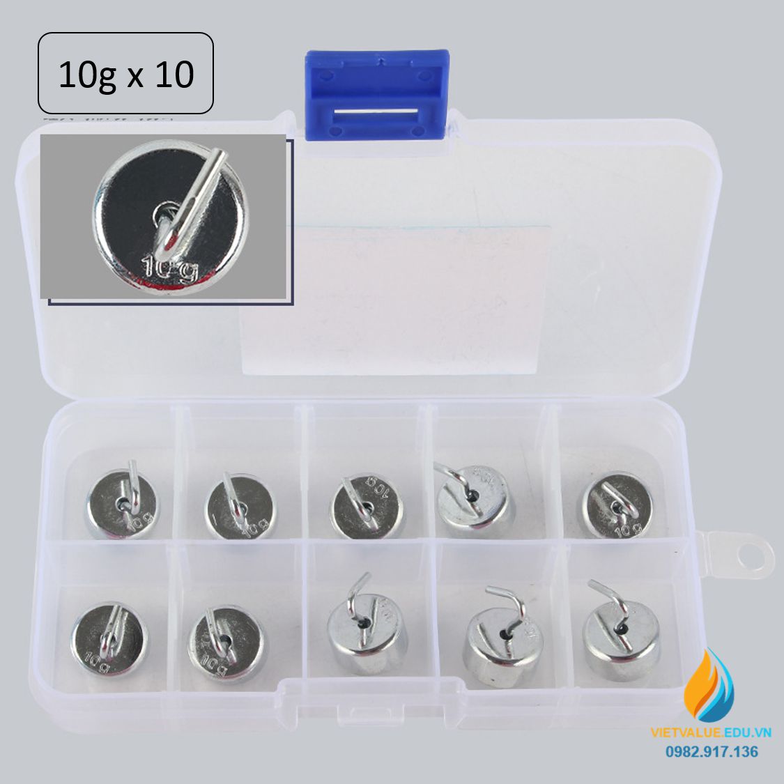 Bộ 10 quả nặng trọng lượng 10 gam, có móc treo, bộ quả nặng cơ học phòng thí nghiệm