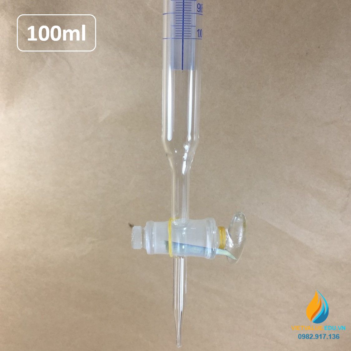 Buret khóa thủy tinh 100ml có bạc chao, có vạch chia, thủy tinh trong suốt