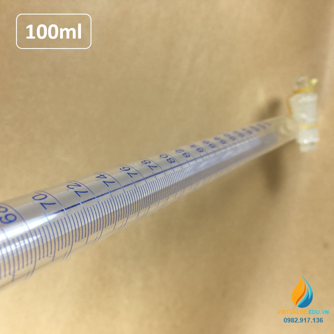 Buret khóa thủy tinh 100ml có bạc chao, có vạch chia, thủy tinh trong suốt
