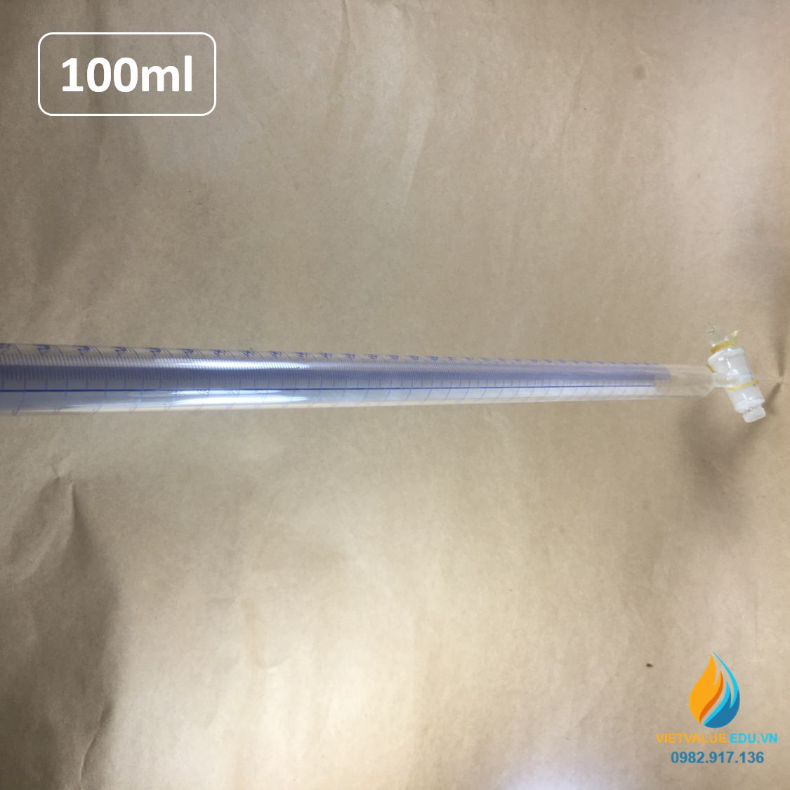 Buret khóa thủy tinh 100ml có bạc chao, có vạch chia, thủy tinh trong suốt