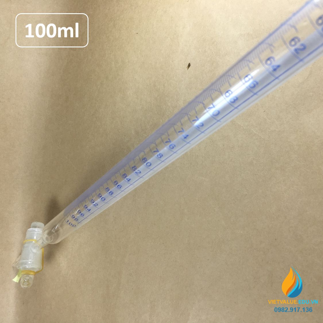 Buret khóa thủy tinh 100ml có bạc chao, có vạch chia, thủy tinh trong suốt