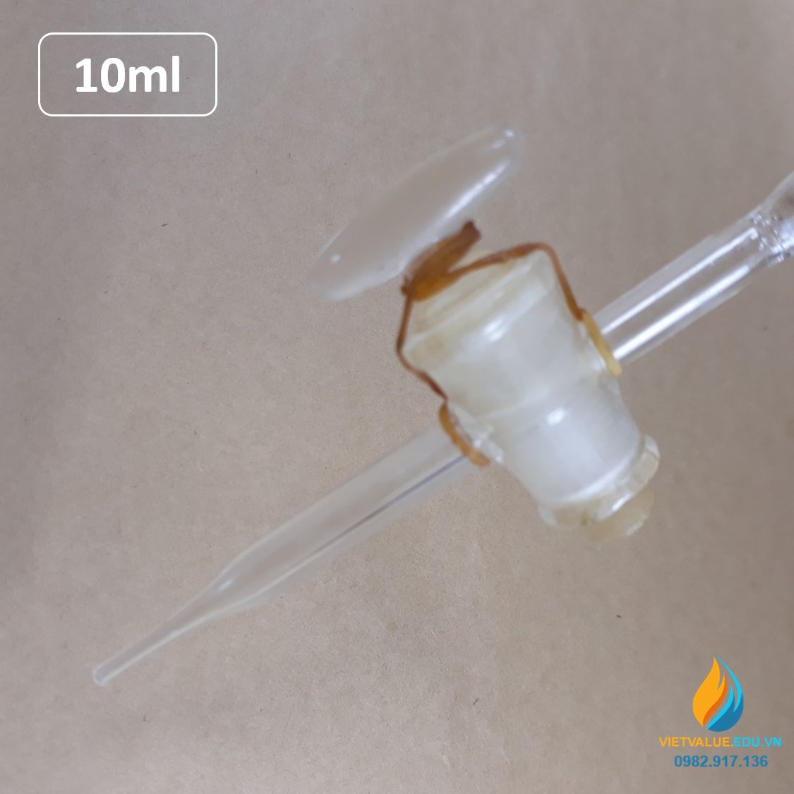 Buret khóa thủy tinh 10ml có bạc chao, có vạch chia, thủy tinh trong suốt